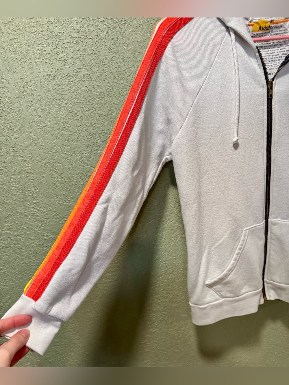 Aviator Nation White Hoodie with Neon Rainbow Sleeve Stripes M - Picture 2 of 8